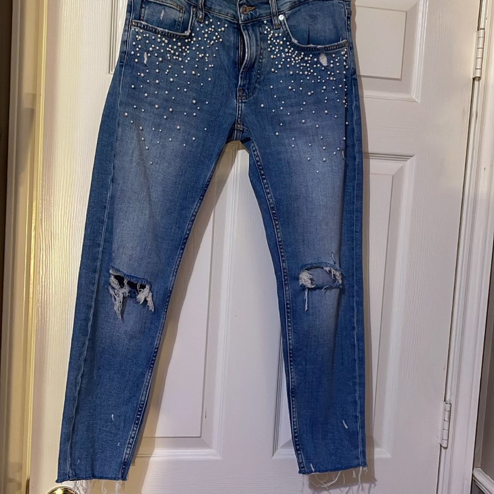 Zara Premium Denim Collection Pearl Encrusted Jeans Size 6